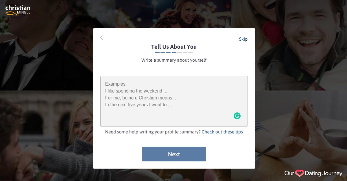 christian mingle account creation tell us about you