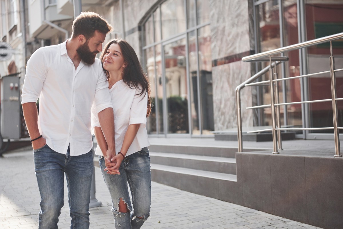 A young couple having a dating downtown